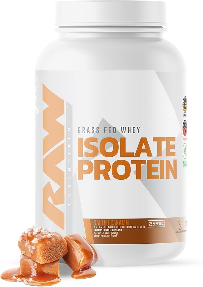 RAW Whey Isolate Protein Powder, Salted Caramel - 100% Grass-Fed Sports Nutrition Whey Protein Powder for Muscle Growth & Recovery - Low-Fat, Low Carb, Naturally Flavored & Sweetened - 25 Servings