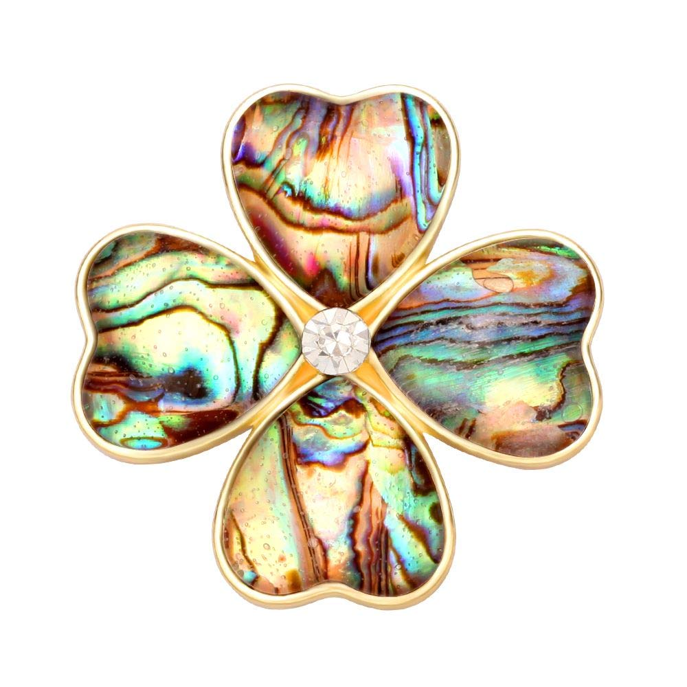 SENFAI Four Heart Leaf Abalone Shell Flower Magnetic Clip Holder Brooch Jewelry (Gold)
