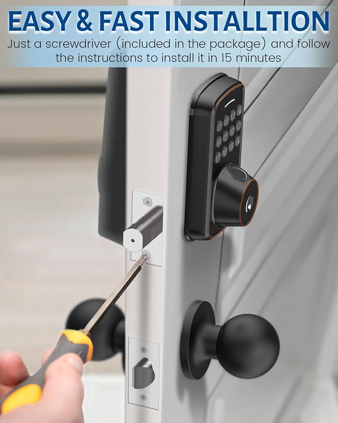 Keyless Entry Door Lock with Handle Set, Smart Door Lock with Fingerprint, 5 in 1 Unlock, Auto Lock Biometric Fingerprint Door Lock for Front Door, Easy Installation (Gold Black)