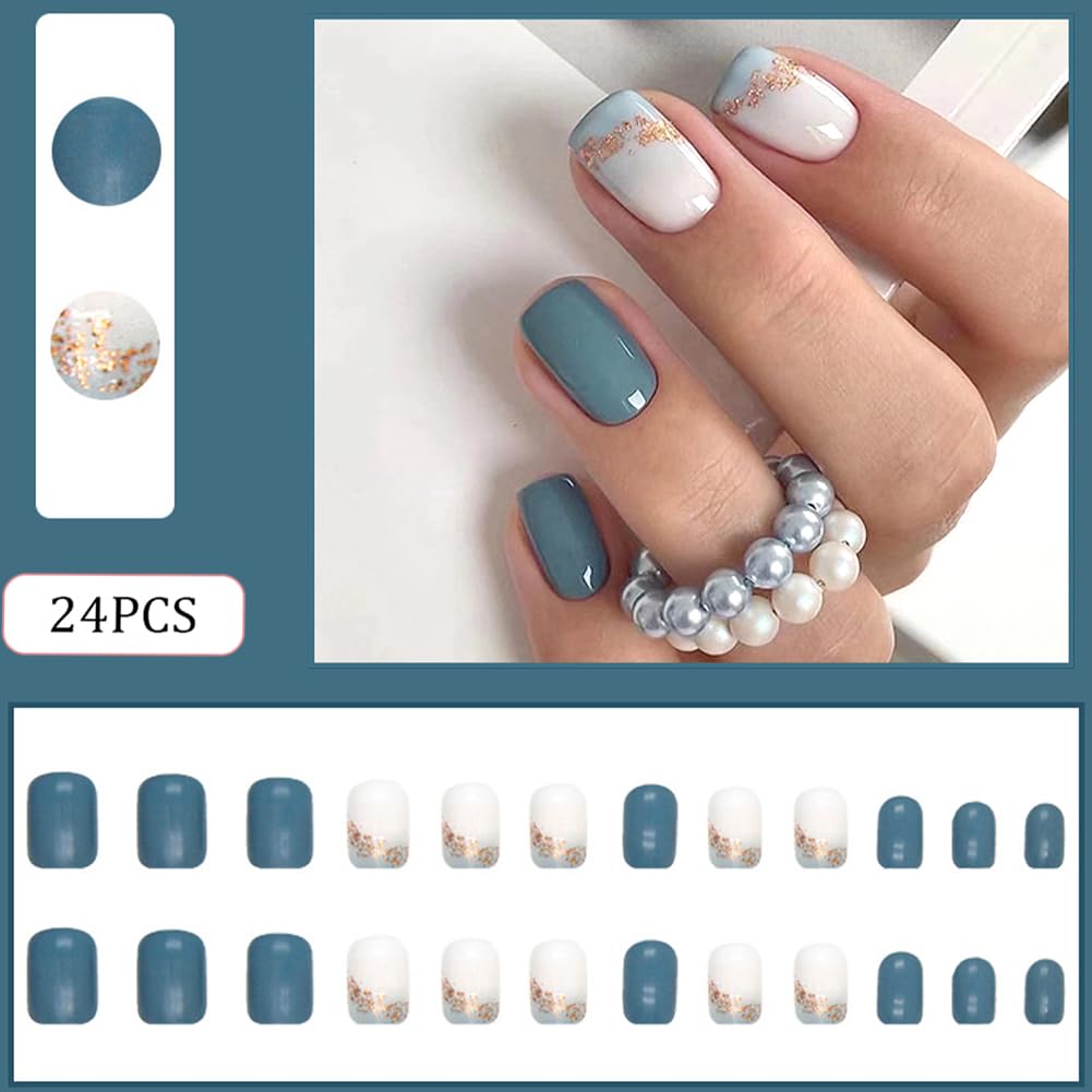 Extra Short Press On Nails Glue On Square Glossy Blue Fake False Nails with Glitter Press Ons Designs Artificial Stick on Nail for Women Girls 24Pcs