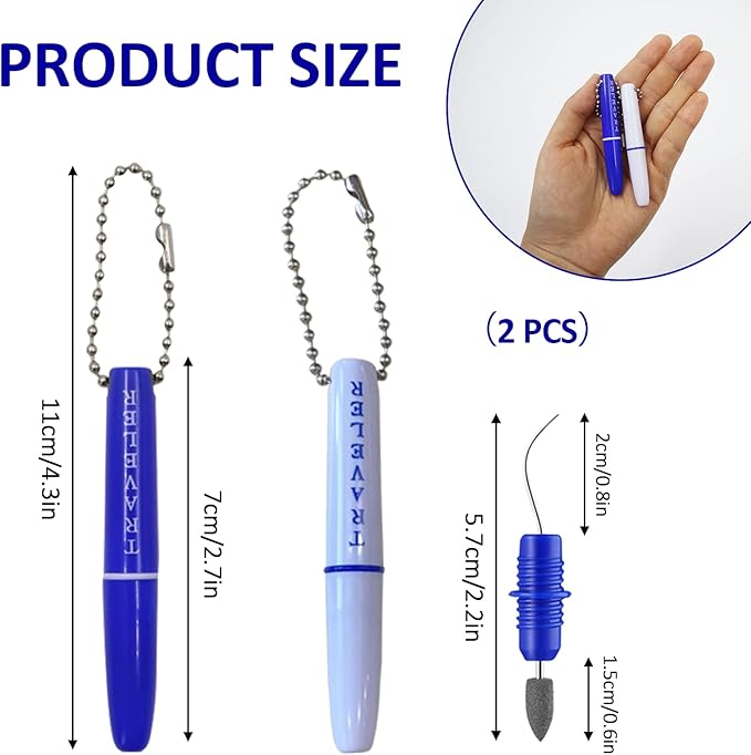 Portable Travel Toothpick Dental Tool, Stainless Steel Toothpick and Emery Stain Eraser, Metal Toothpick, Teeth Cleaning Plaque Remover Stain Remover with Chain (2)