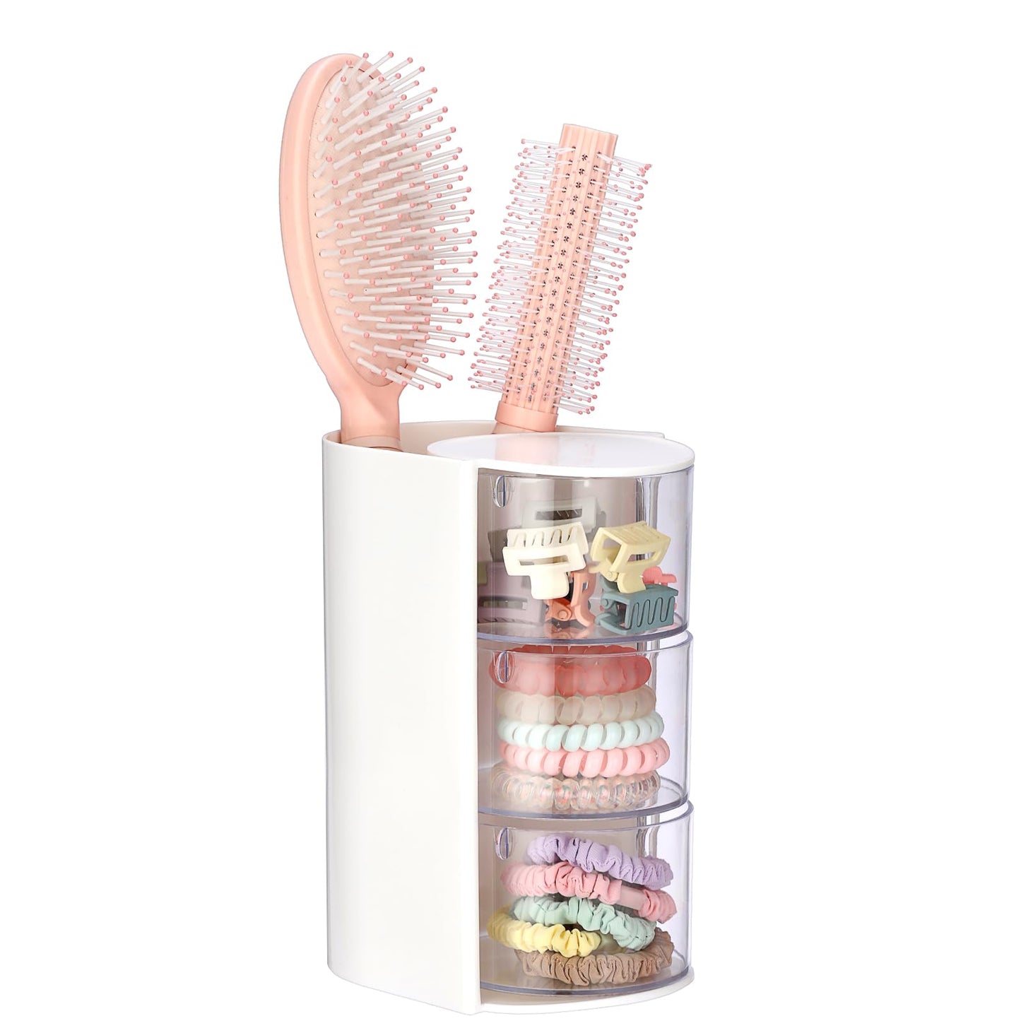GUSHBIN Rotating Hair Accessories Organizer with Comb Holder Plastic Hair Clips Storage Container Cosmetic Storage Box for Makeup Sponge Brush, 3-Layer White
