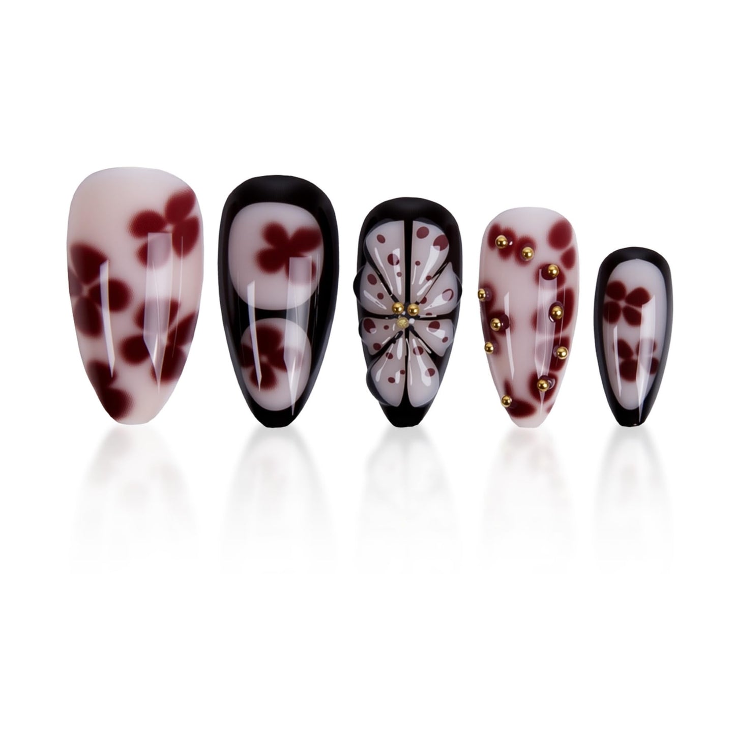 Almond Press on Nails Long Fake Nails Black Artificial Nail Red Floral Stick on Nail for Women 24pcs