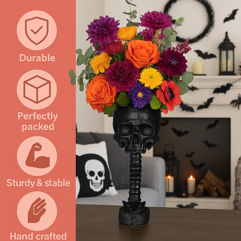 Skull Planter Spine Gothic Vase - Black Skull Candy Bowl, Horror 11.6" Halloween Flower Vase Goth Decor, Spooky Home Decor Skeleton Planter Pot, Candle Holder, Spooky Gifts For Women, Men, Girlfriend.