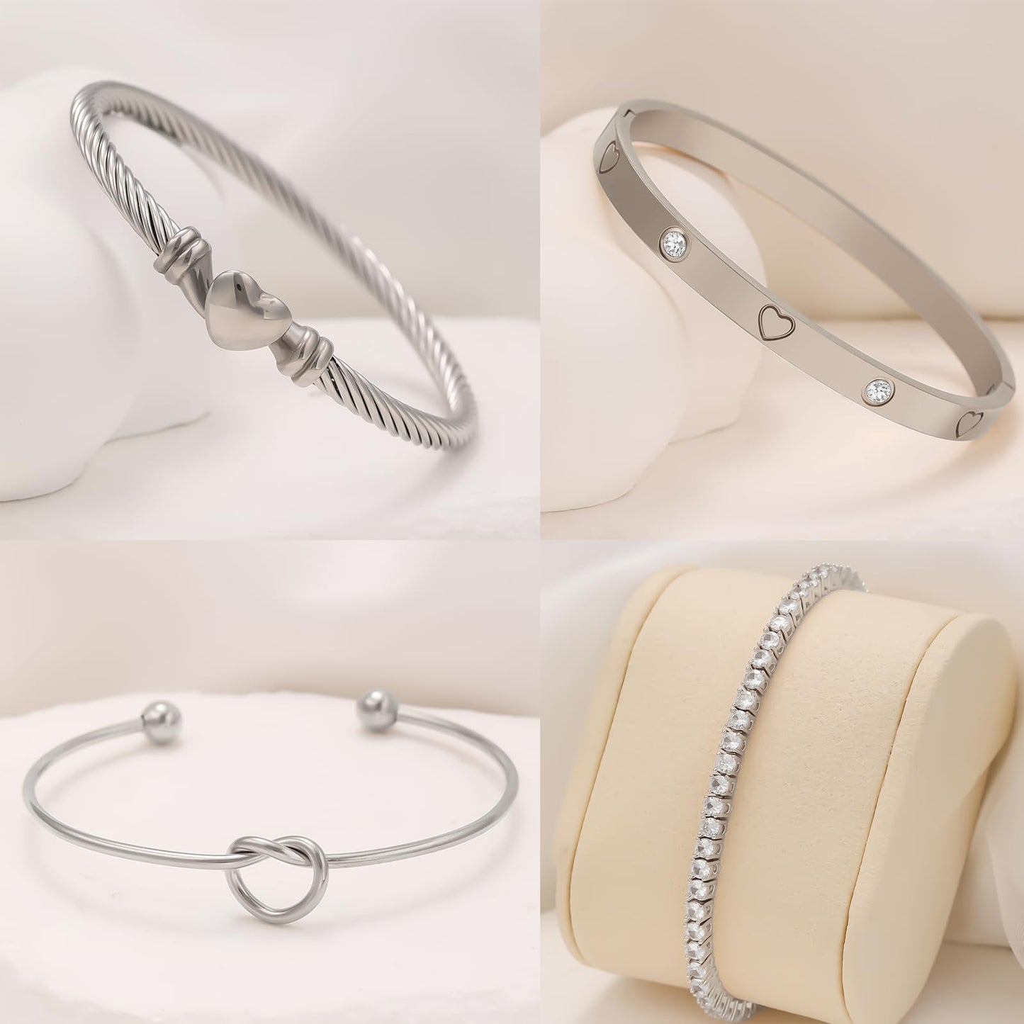 FAFUGA 18 K Silver Plated Love Bangle Bracelet Stack Cuff Jewelry for Women Jewelry Set for Women Gift with Box (style12)