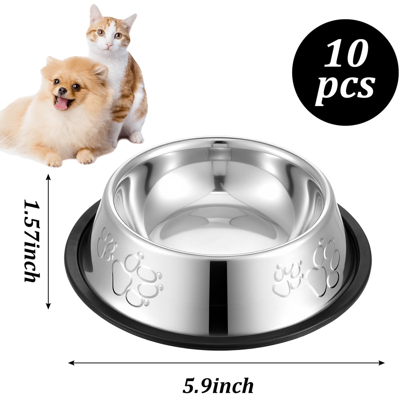10 Pcs Stainless Steel Dog Bowls, Silver Non-Slip Pet Feeding Bowls with Rubber Base, 7 oz Capacity for Small Medium Dogs, Cats, Kittens, Rabbits