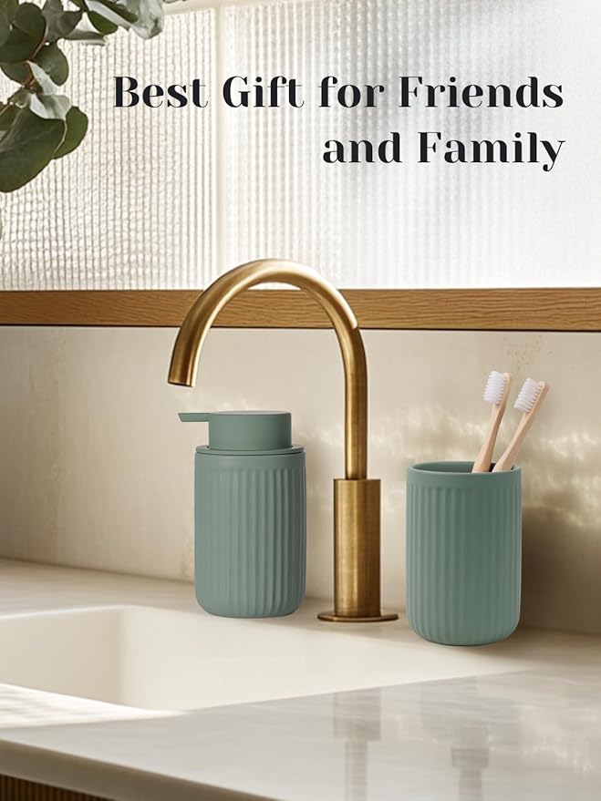 INGOFIN Ceramic Toothbrush Holder, 12 oz Toothpaste Holder Bathroom Cup, Tooth Brush Holder for Vanity Countertop, Organizer Storage for Cosmetic, Makeup, Office Pencils, Matte Green