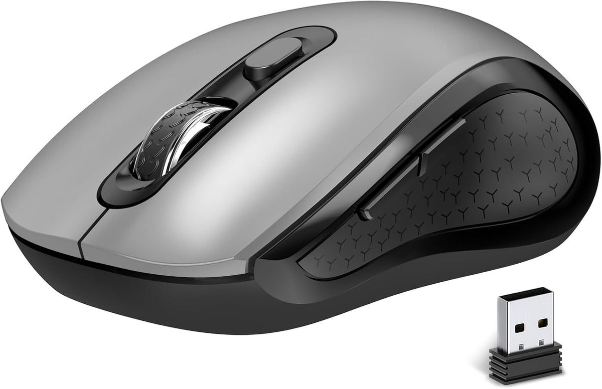 Wireless Mouse Ergonomic, Side Buttons Mouse, 2400 DPI, Silent and Anti Slip Roller Cordless Mice, 2.4Ghz with USB Receiver, 6 Buttons, Suitable for Laptop PC Chromebook and Windows 11/10/7 - Grey
