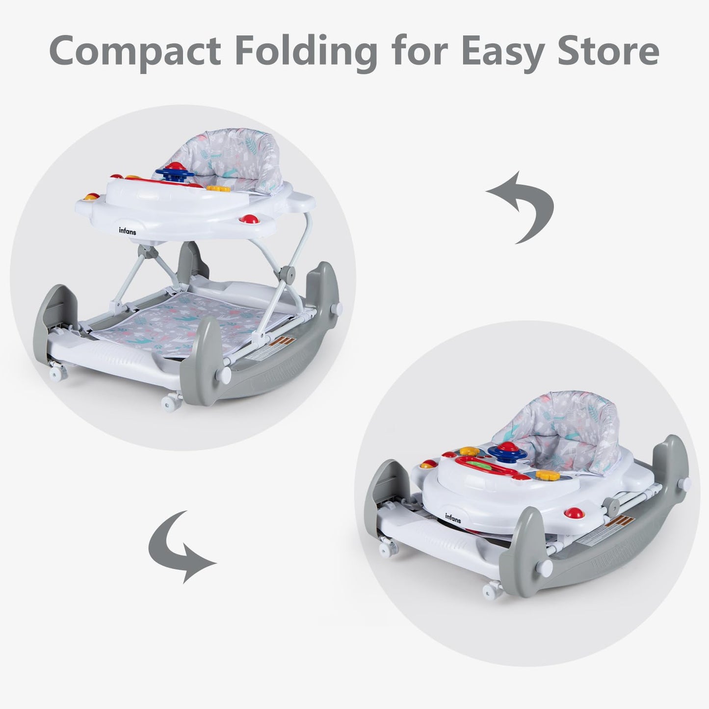 INFANS Baby Walker, 5 in 1 Behind Walker Learning Seated Rocker Bouncer with Removable Music Tray, Adjustable Height, Washable Seat Cushion, Foldable Activity Center for Toddlers (Light Gray)
