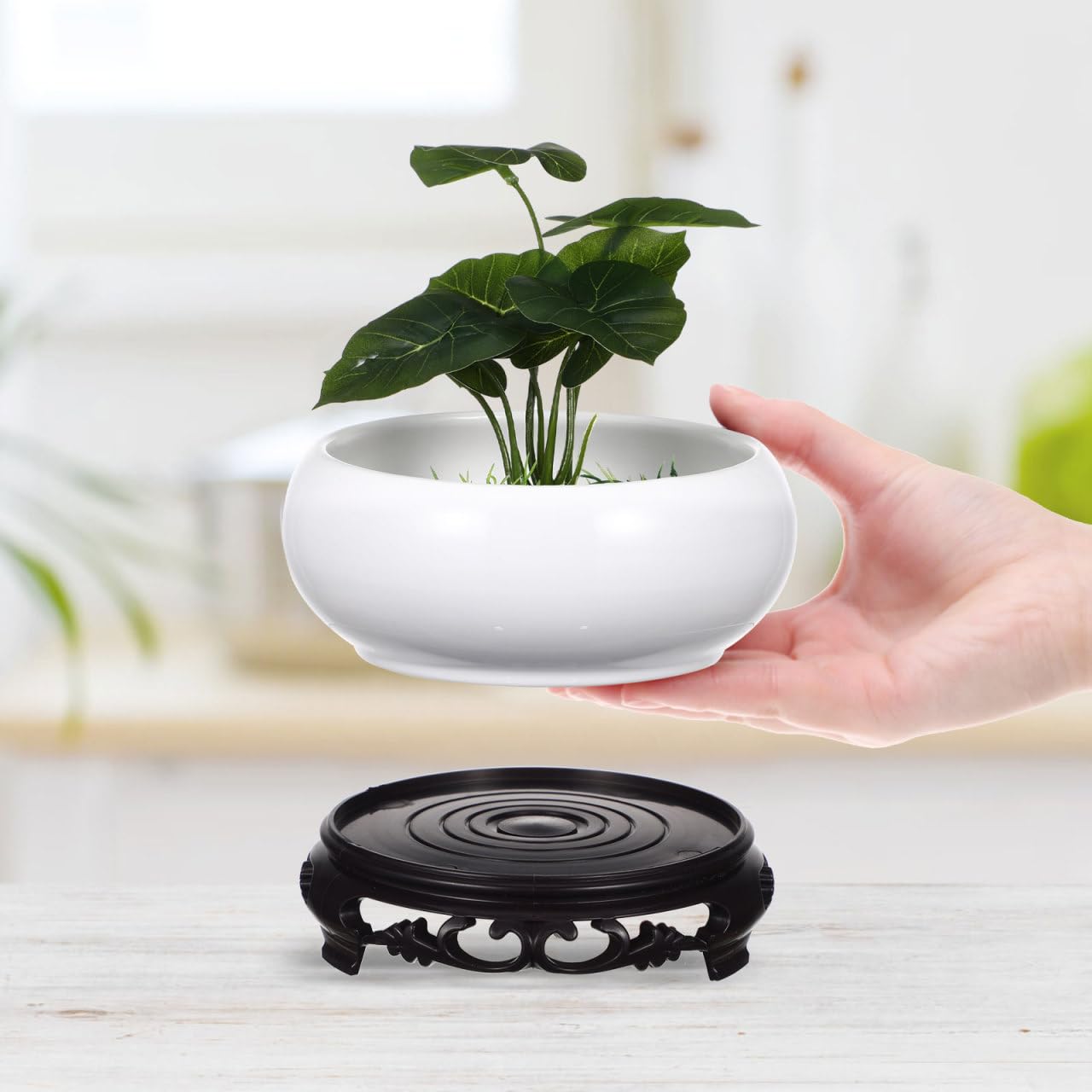 Kisangel Ceramic Lotus Bowl Planter, Hydroponic Water Lily Bowl with Plastic Base, No Holes Round Flower Succulent Planter Pot for Indoor