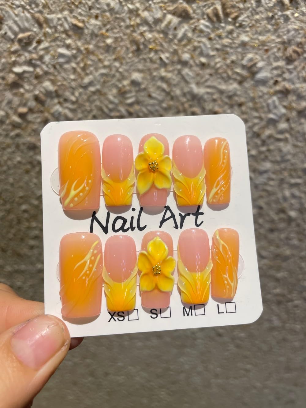 Vokupoga Square Press on Nails Handmade Medium French Tip Fake Nails with 3D Flower Designs Glossy False Nails for Women 10Pcs(Size M)
