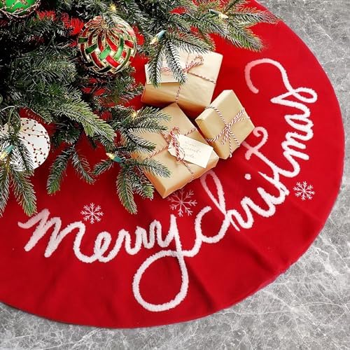 36 Inch Christmas Tree Skirt Red Small Plush Xmas Tree Mat with Merry Christmas Patterns Soft Thick Holiday Decor for Home Party