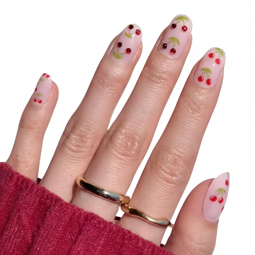 PaintLab Press On Nails - Fruit Cherry Bomb II Oval Fake Nails, 30 Nails in 15 Sizes with Glue, Reusable Salon Quality Press On Nails