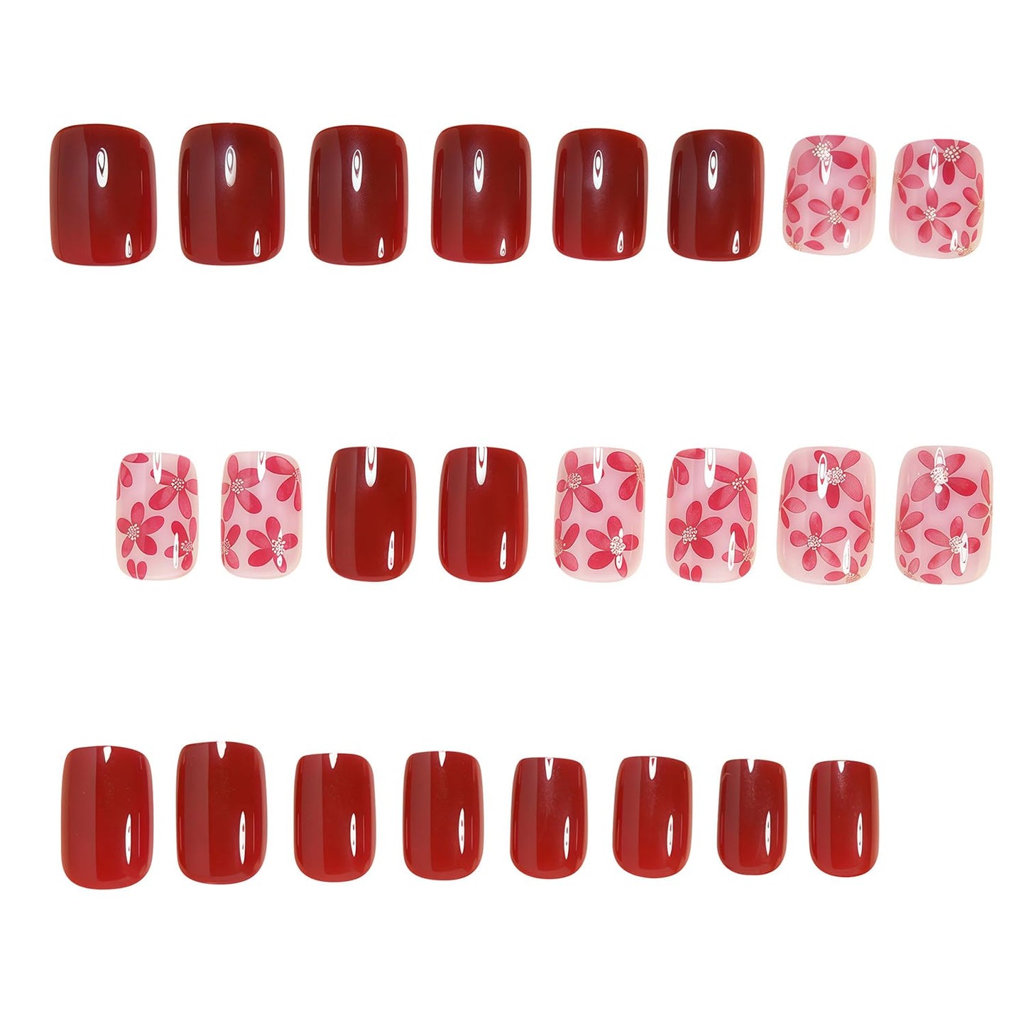 CEWEWP 24Pcs Wine Red Press on Nails Extra Short Nude Flowers Fake Nails with Glitter Flowers Design Full Cover Winter False Nail Square Shape Glue on Nails Acrylic Glossy Stick on Nail for Women