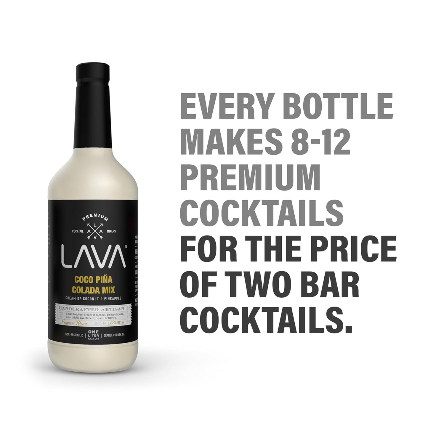 LAVA Premium Coco Pina Colada Made with Cream of Coconut and Real Pineapple, No Artificial Sweeteners or Flavors, 1-Liter (33.8oz) Glass Bottle.