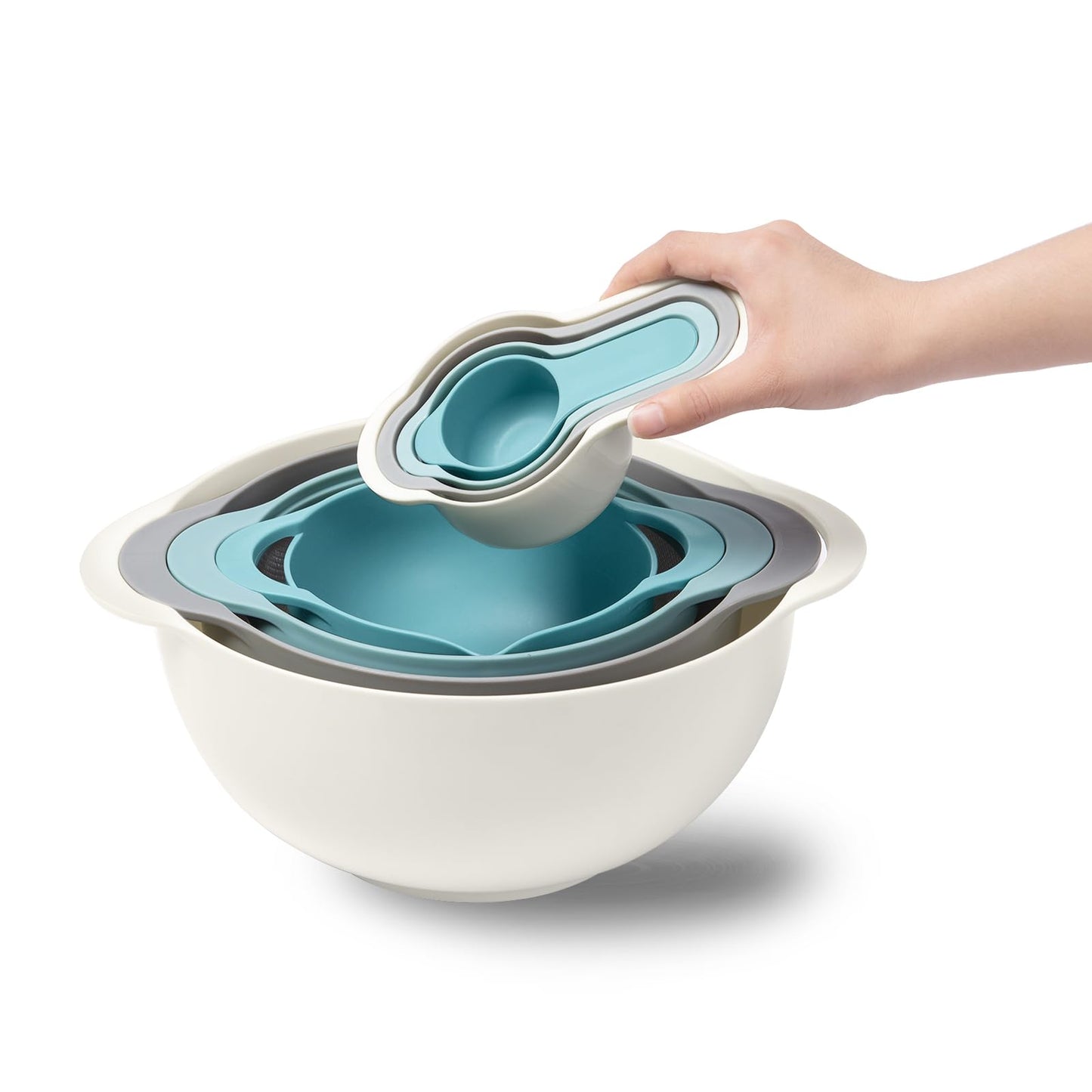Mixing Bowls for Kitchen, 13 Piece Plastic Nesting Bowls Set Includes 2 Mixing Bowls, 1 Colander, 1 Sifter, 4 Measuring Cups, 5 Kitchen Gadgets for Baking Prepping Cooking and Serving, BPA Free