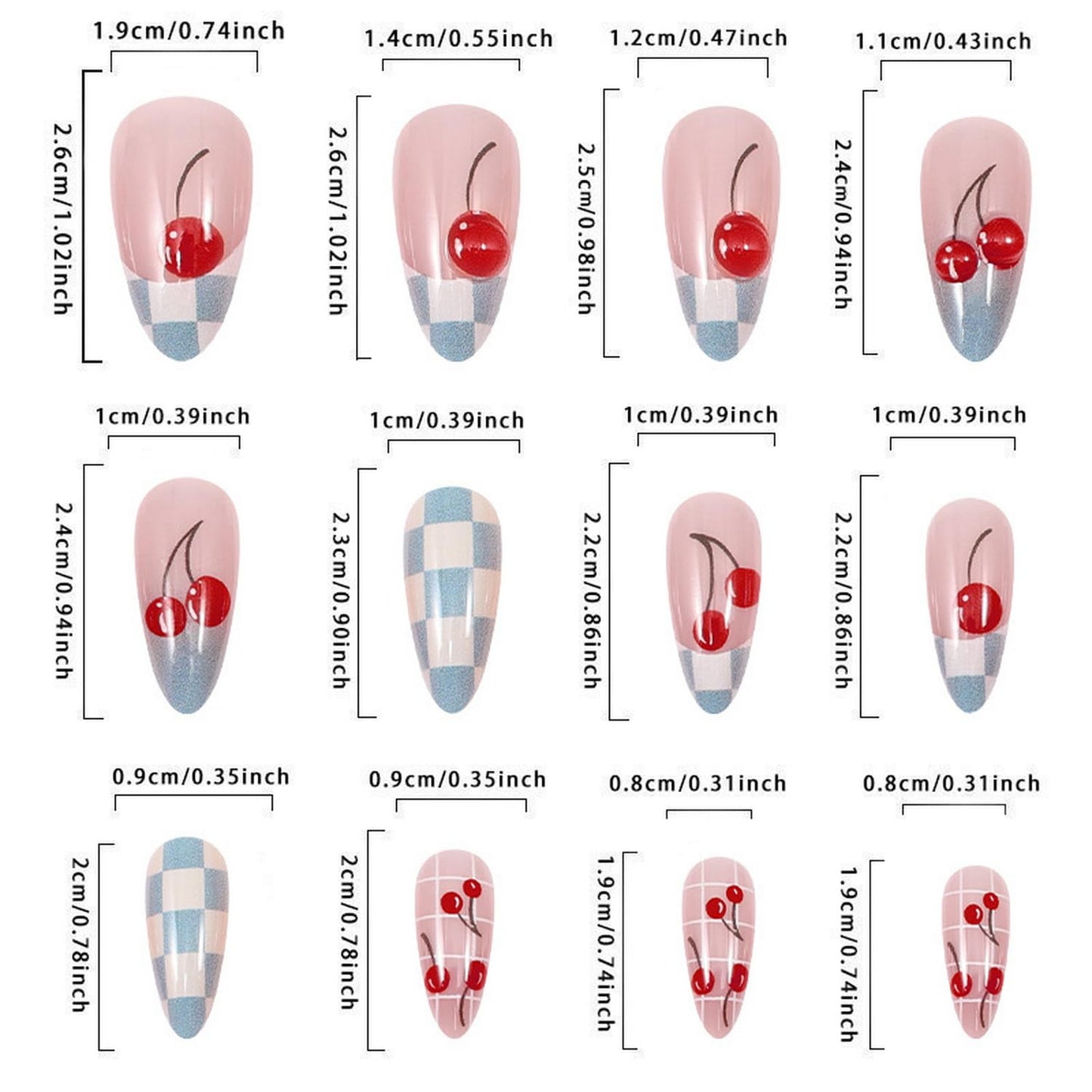 24pcs Cherry Press on Nail Almond Shape Fake Nails with Grid designs Blue Stick on Nail Full Cover French Tip Medium Press ones Cute Summer False Nails for Women Manicure Decor