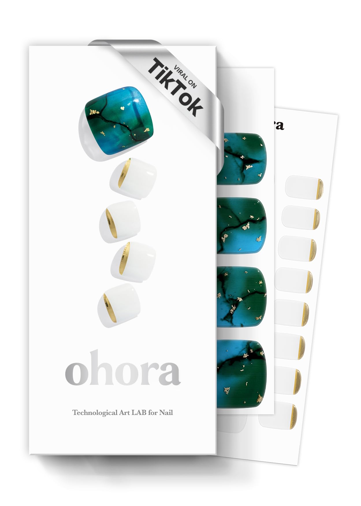 ohora Semi Cured Gel Pedi Strips (P Tide Pool) - Blue/White Works with Any UV/LED Lamps, Salon-Quality, Long Lasting, Easy to Apply & Remove - Includes 2 Prep Pads, Nail File & Wooden Stick
