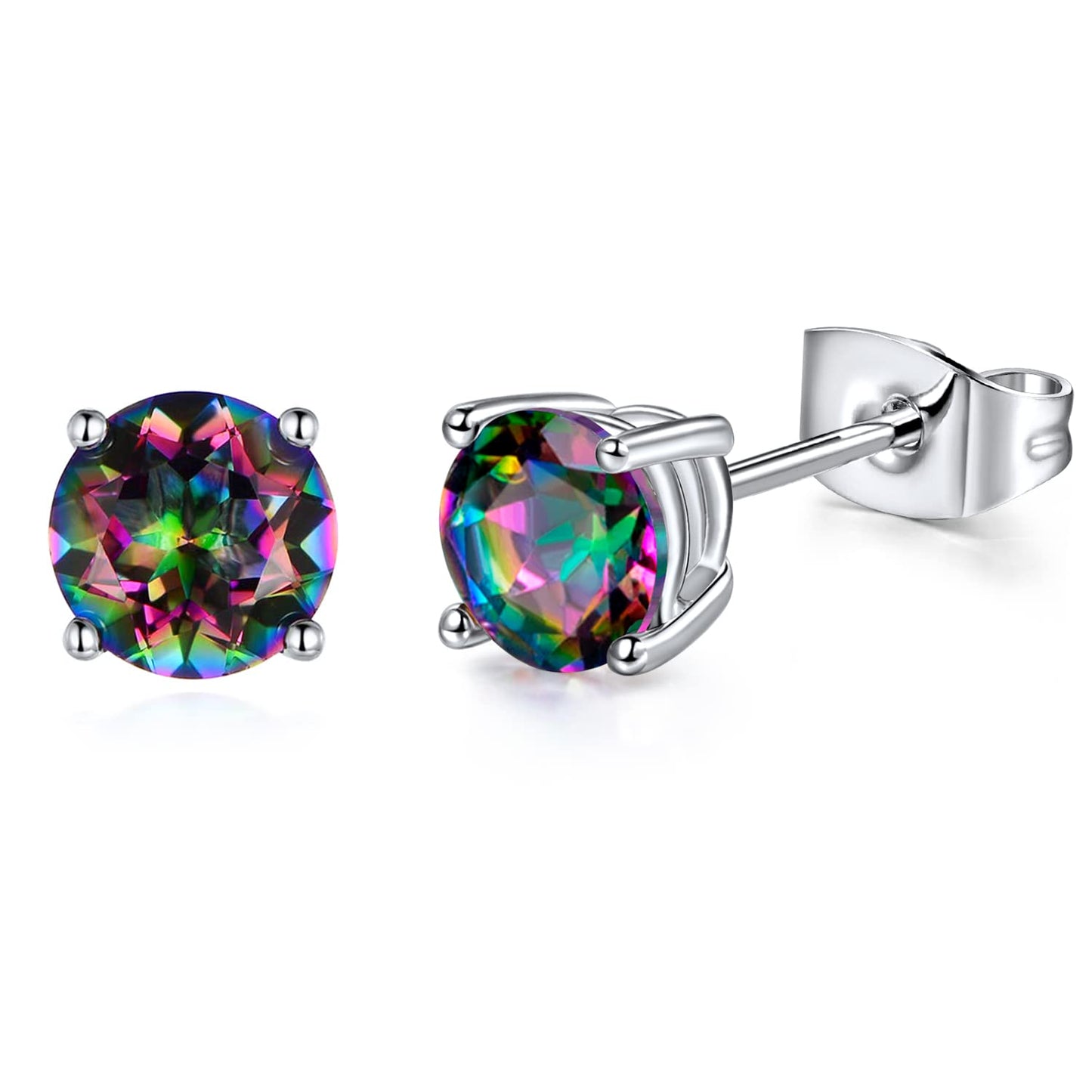 Created Rainbow Quartz Mystic Topaz 4mm Round Small Studs Ear Piercings Earrings 18K White Gold Plated CZ Stud Earingings Women Mens