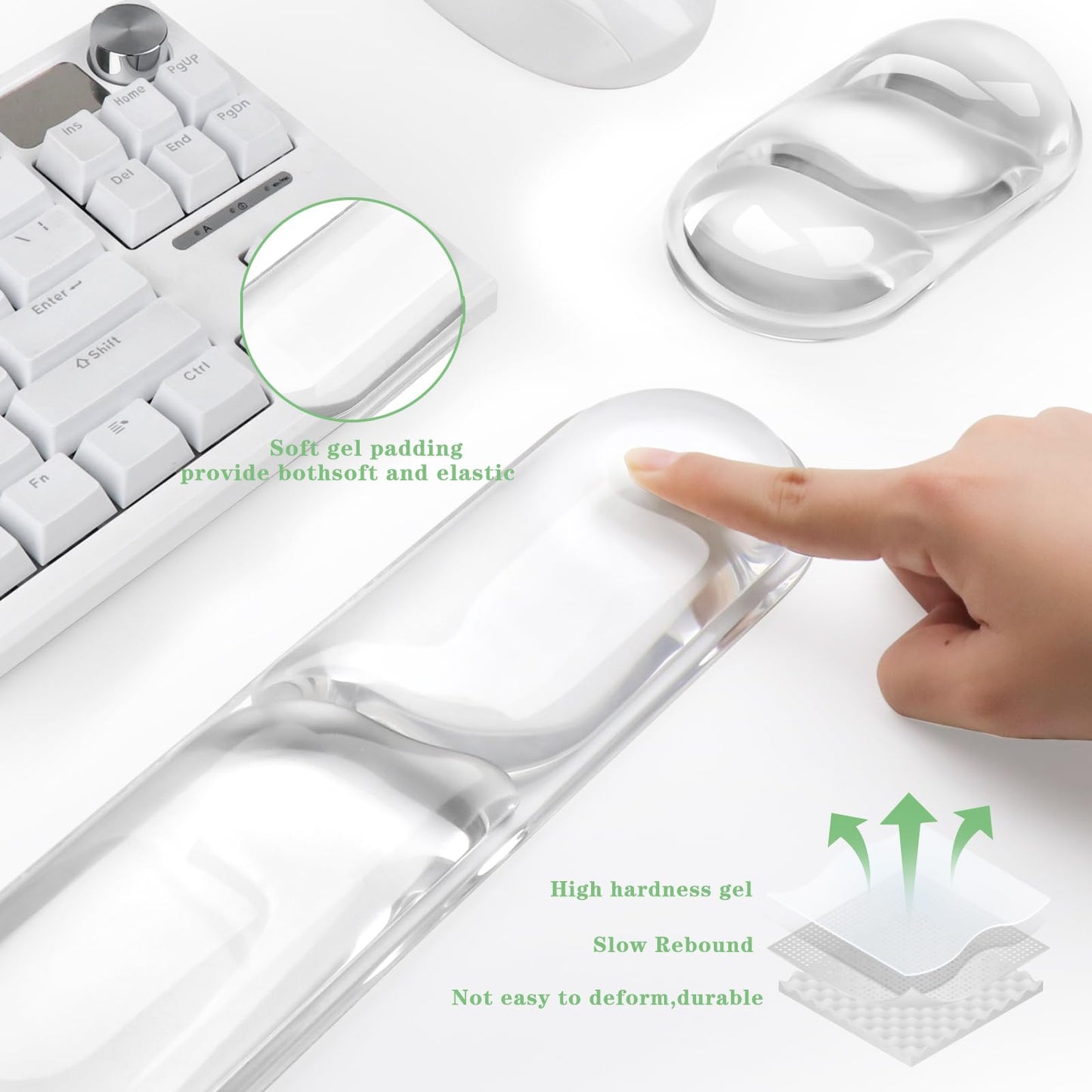Keyboard and Mouse Wrist Rest, Silicone Gel Ergonomic Mouse Pad with Wrist Rest Set, Gaming Mousepad Arm Cushion Support for Computer Office Desk Accessories (Clear Gel White Set - 2)