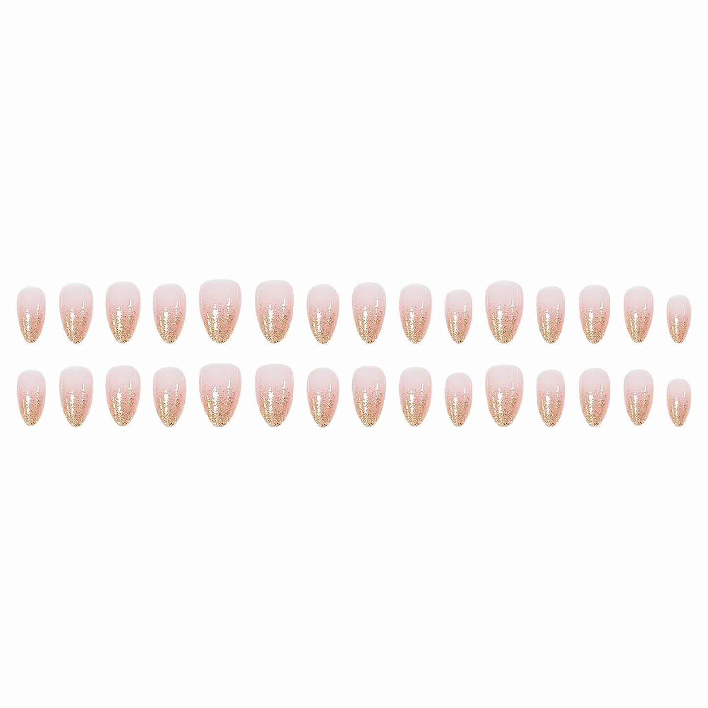 MISUD Press on Nails - Short Almond Fake Nails with Nude Pink, Acrylic Bling Gold Glitter Design 30 pcs