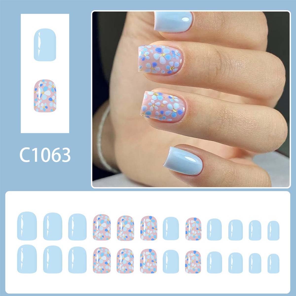 Square Press On Nails Short Fake Nails Blue False Nails With Flower Design Full Cover Acrylic Summer Glue On Nail Artificial Glossy Reusable Stick On Nail For Women 24pcs
