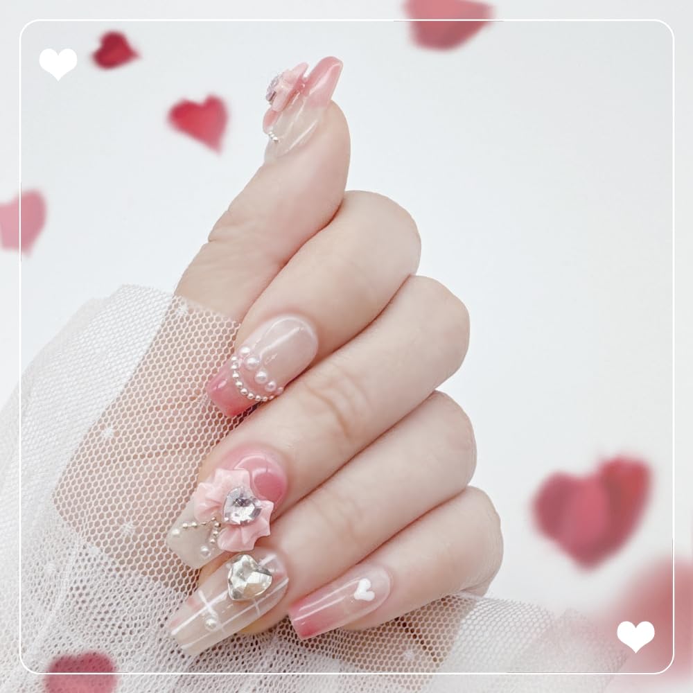 NLSJMP,10Pcs,Size M,Pink bow, Handmade Medium Length Press on Nails Acrylic Fake Nails Kit,3D Rhinestone Pearl Design Nail Art Kit,Reusable False nails,Include Toolkit