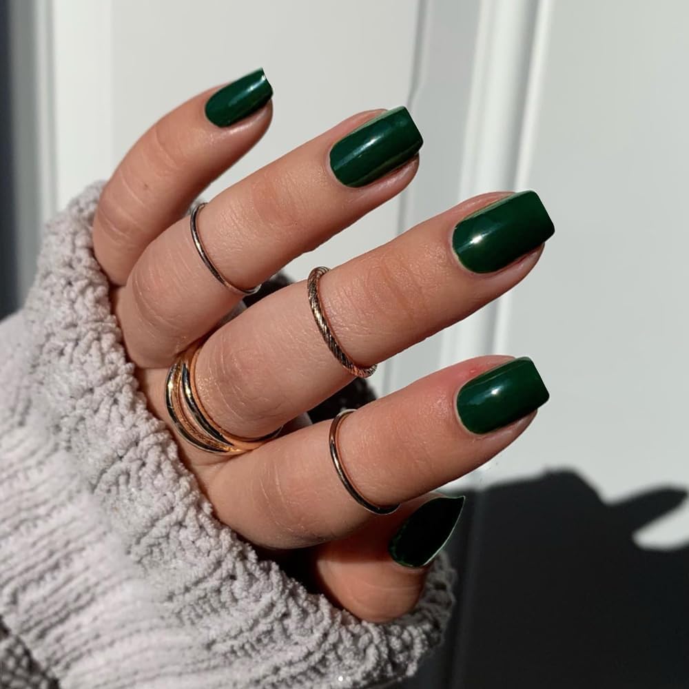 Emerald Green Press on Nails Short Square, Natural Gel Nails Glue on Fall Colors 2025 Trendy Acrylic Nails Press ons Featured Protective Coat Thick Reusable Fake Nails 24Pcs Short Coffin Nails