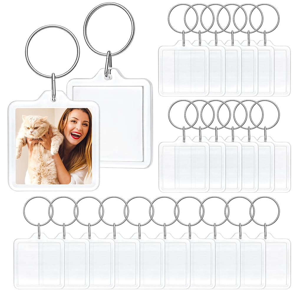 PH PandaHall Blank Photo Insert Keychains, 30 Sets Acrylic Photo Snap in Keychain 1.3 Inch Square Custom Blank Photo Keyring DIY Picture Frames for Double-Sided Photos, Clear