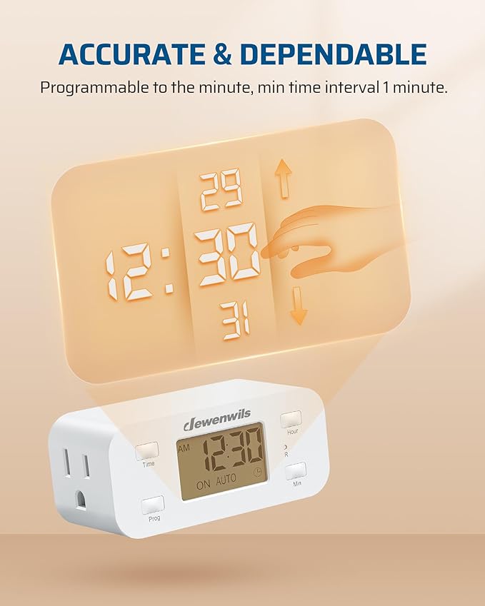 DEWENWILS 24 Hour Programmable Digital Timer Outlet, Timers for Electrical Outlets, Light Timer for Indoor Lamp Fan Aquarium, 1 Grounded Outlet, 125V/15A/1000W, 3 Prong, 1/2 HP, 1 Pack
