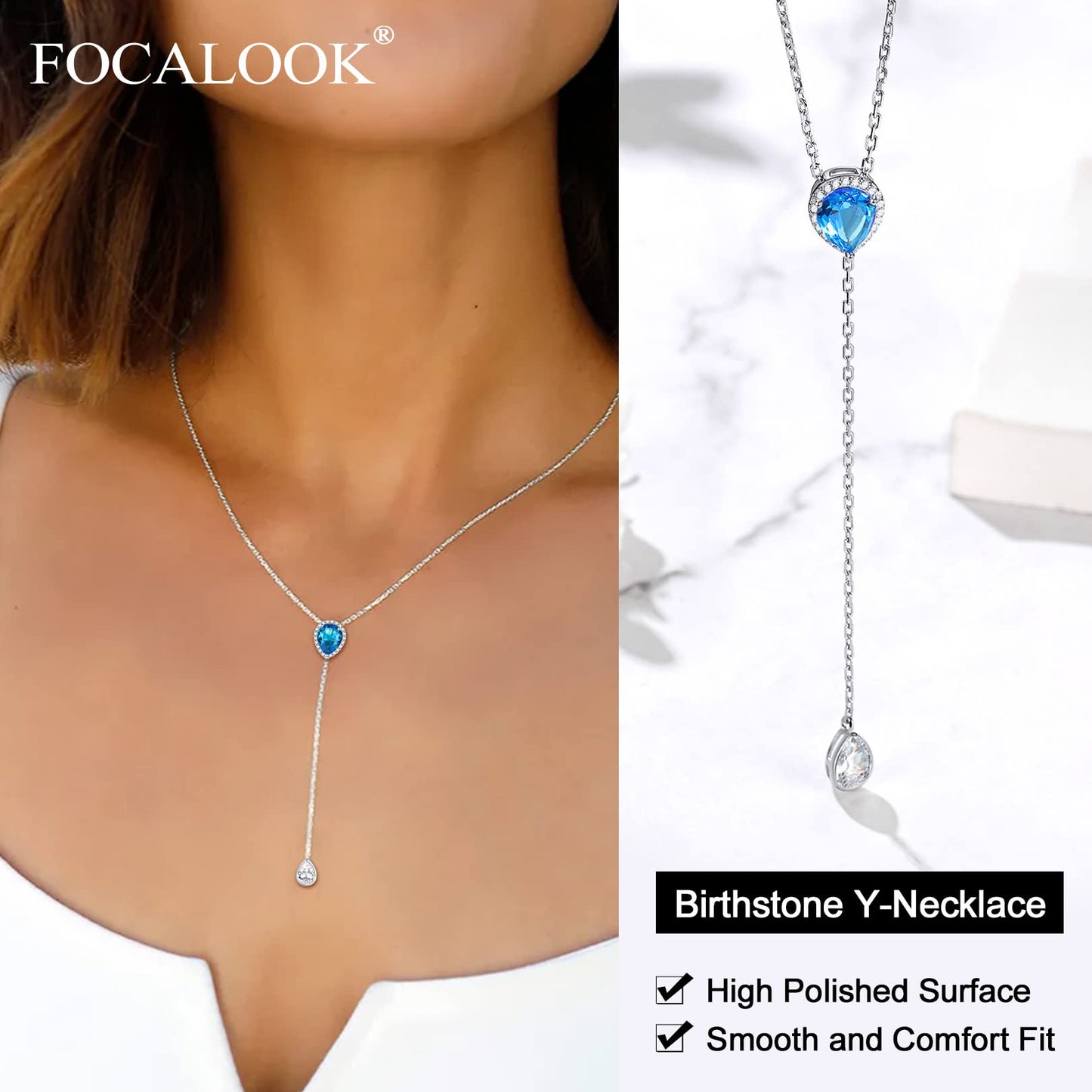 FOCALOOK 925 Sterling Silver CZ Teardrop Lariat Necklace 16"-18" Y Drop Adjustable Birthstone Necklaces Christmas Gift for Women