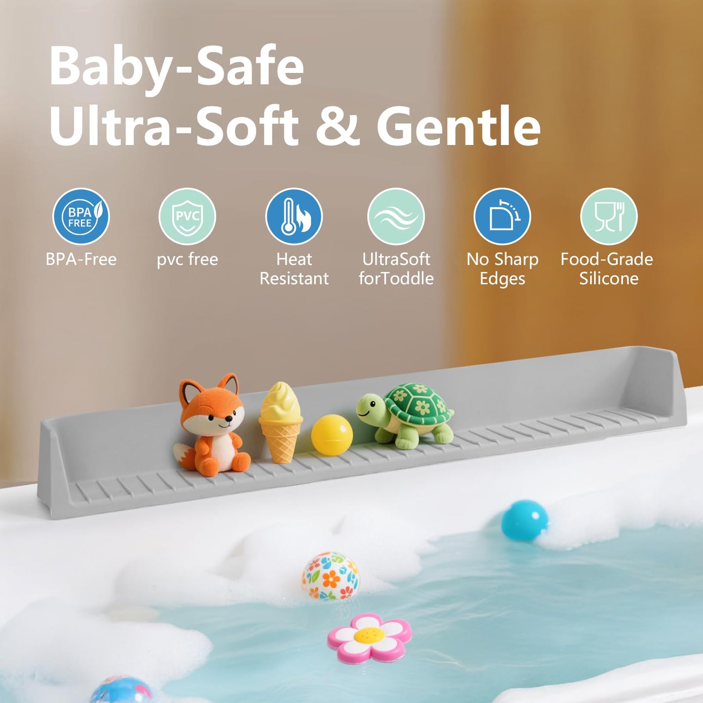 Akrelyan 31.5" Bathtub Splash Guard for Tub Kids, Silicone Splash Shield with 11 Suction Cups, Toy Tray Shelf, No Spill Water Barrier, Prevents Mess, Fun Bathtime for Toddlers Baby–Gray