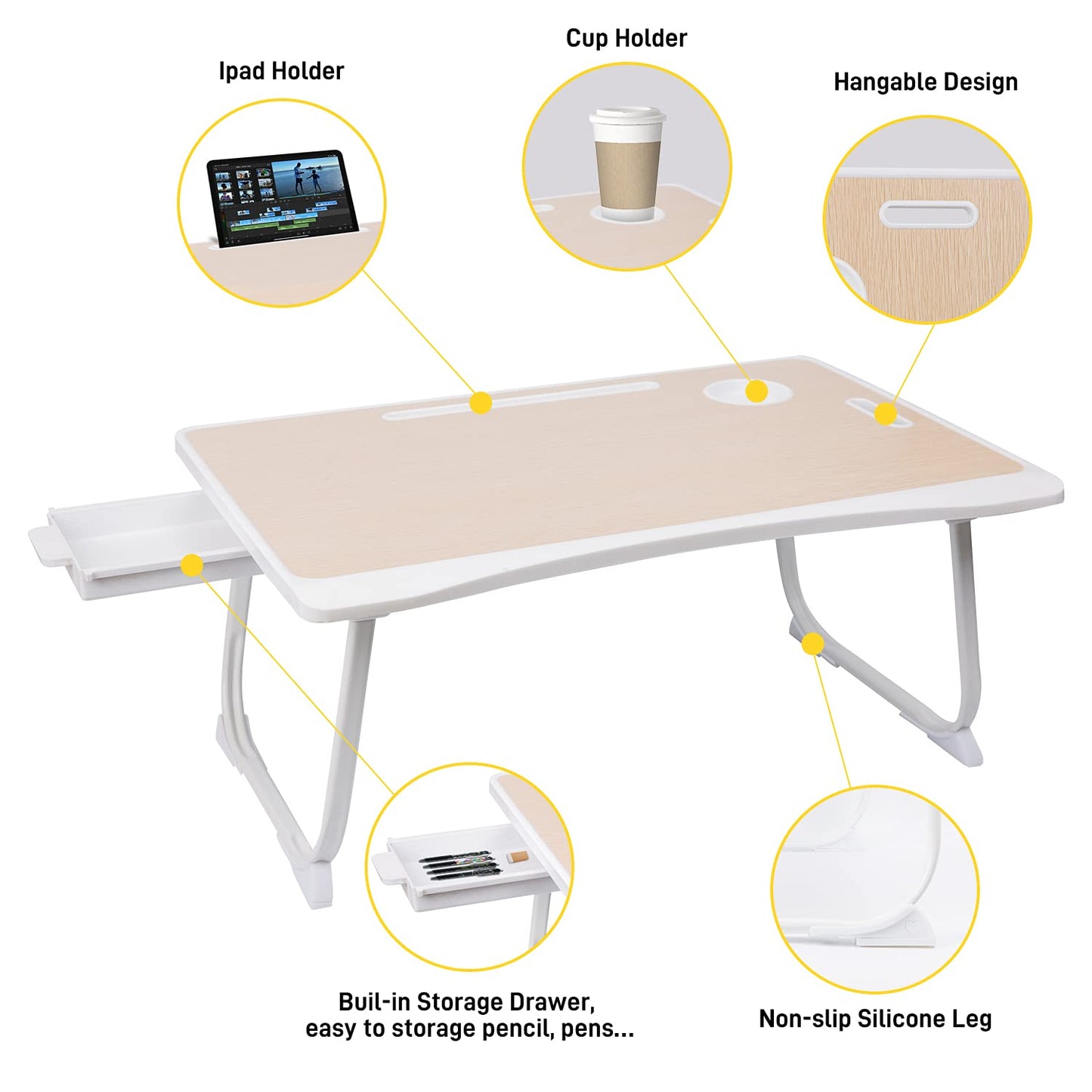 Amaredom Laptop Bed Desk Tray Bed Table, Foldable Portable Lap Desk Notebook Stand Reading Holder with Storage Drawer and Cup Holder for Eating Breakfast on Bed/Couch/Sofa-White Oak