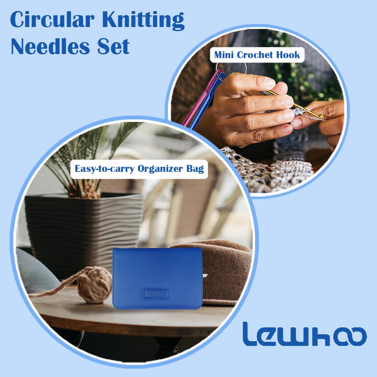 Lewhoo Circular Knitting Needles Set with 4 Cables, 9 Pair Short Aluminum Knitting Needle with Case 3.0~6.0mm Purple