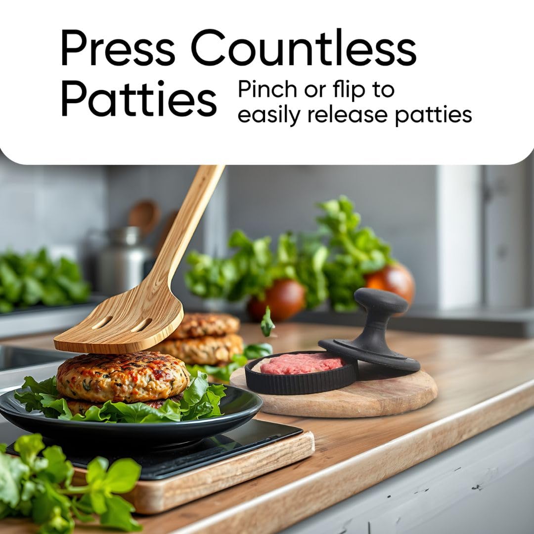 BRAVADIN Silicone Non-Stick Hamburger Press Patty Maker 1/3 lb with 100 Papers for 4.5-6" Patties with Ring Mold- Dishwasher Safe Burger Smash Press for Griddle-Burger Shaper Form Tool