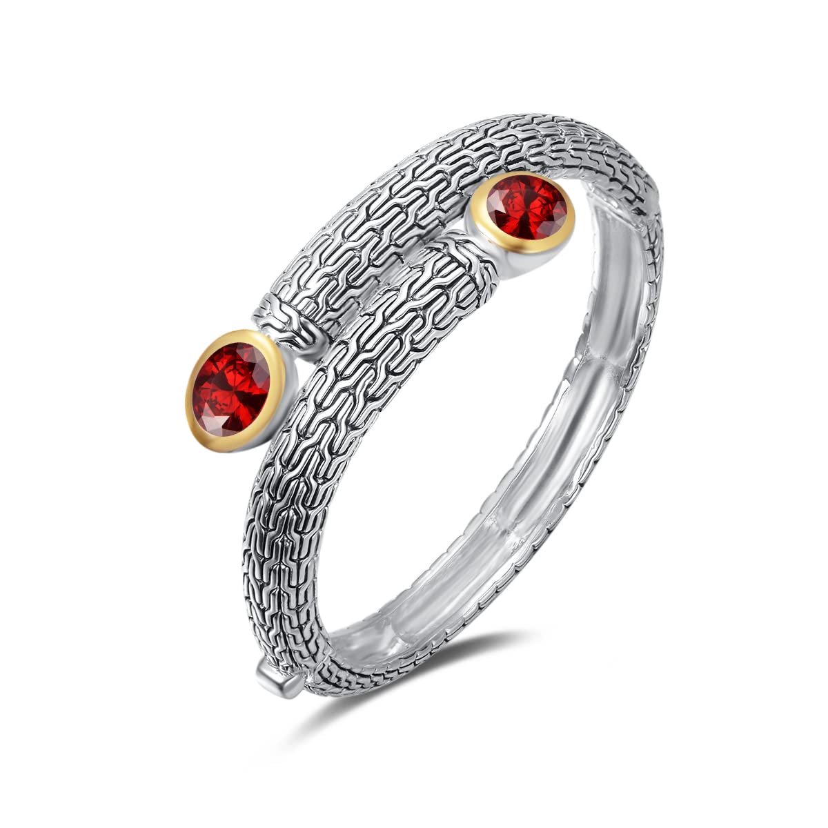 UNY JEWEL Jewelry Multi Strand Foxtail Chain Woven Pattern Inlay 8 by 10 Oval CZ Vintage Antique Two Tone Elegant Designer Inspired Unique Box Tongue Clasp Bangle (Red)