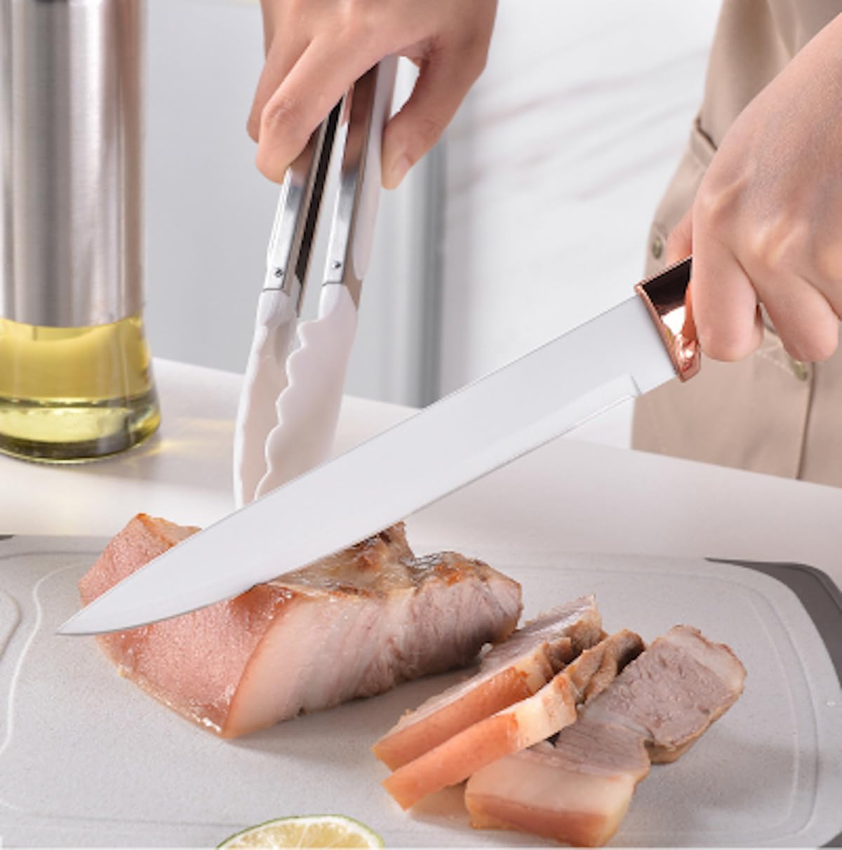 Kitchen Utensils Set & Knife Set with Block, 19 Piece All-in-One Cooking Set, 12 Nonstick Silicone Utensils + 5 Sharp Stainless Steel Chef Knives + Cutting Board, Dishwasher Safe Gift Set (White)