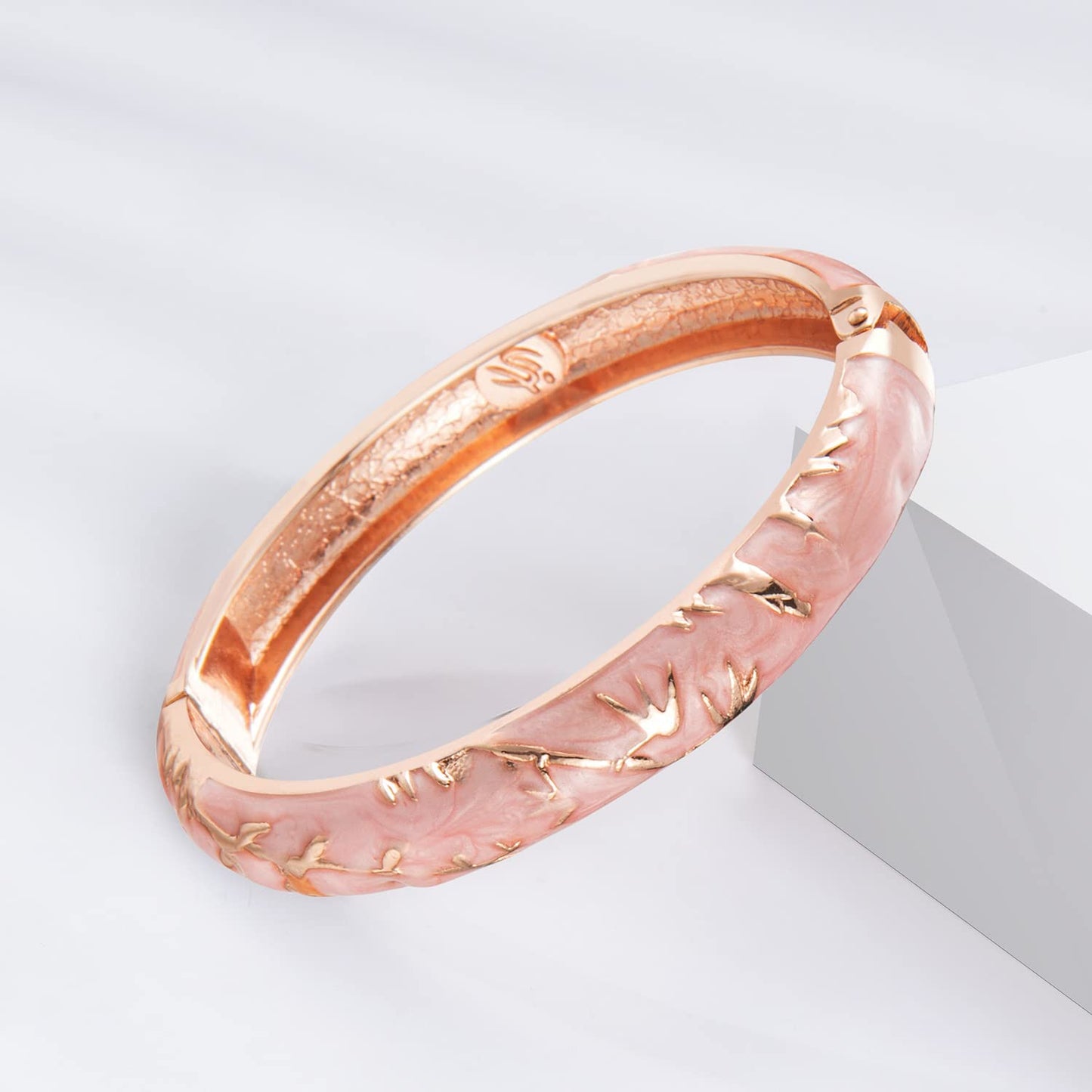 UJOY Elegant Bracelet Plated Enameled Jewelry Spring Hinge Metal Cuff Cloisonne Bangles Set Gift Box Packed 55A117 White Pink