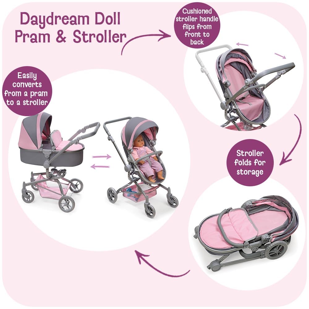 Badger Basket Foldable Doll Stroller & Pram for Dolls - Convertible Toy with Canopy, Basket & Soft Handle - Lightweight, Easy to Use for Girls Ages 3+- Gray/Pink