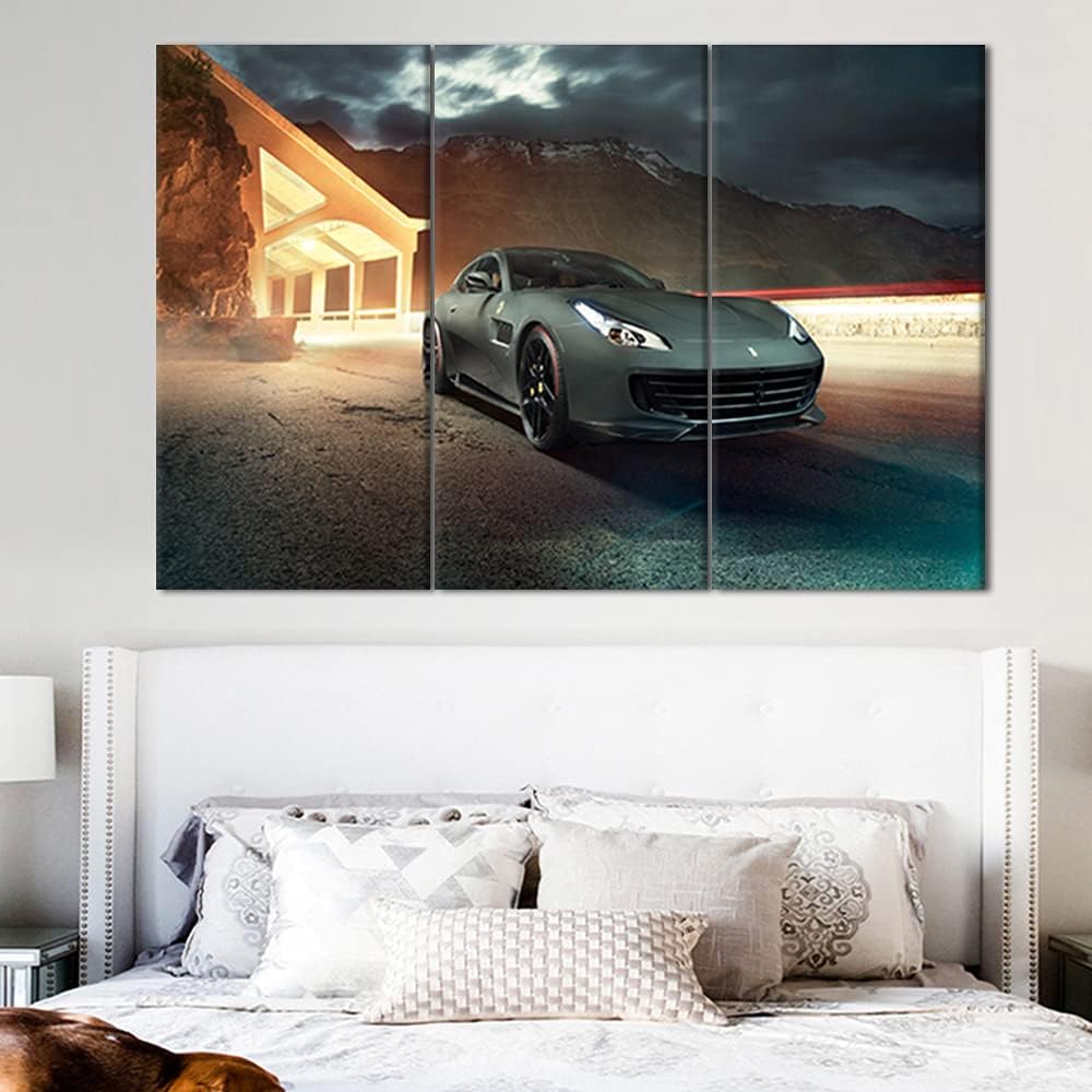 3 Piece Modern Framed Landscape Artwork Giclee Canvas Prints Sports car Pictures Paintings on Canvas Wall art for Living Room Bedroom Home Office Decorations Ready to Hang - 28 x 14inch x 3 Panels