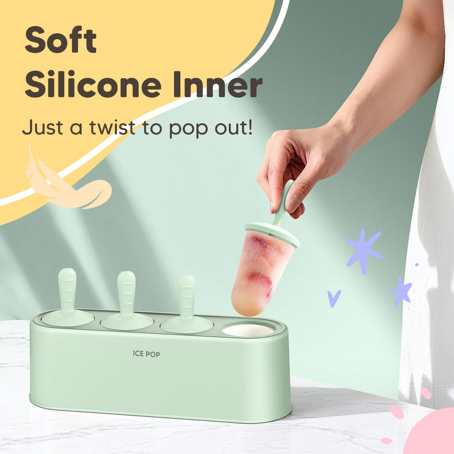 Popsicle Mold Set 4 Pieces Homemade Silicone Popsicle Maker Easy Release Ice Cream Molds Reusable DIY Pop Molds (Green, IcyClassic Pops)