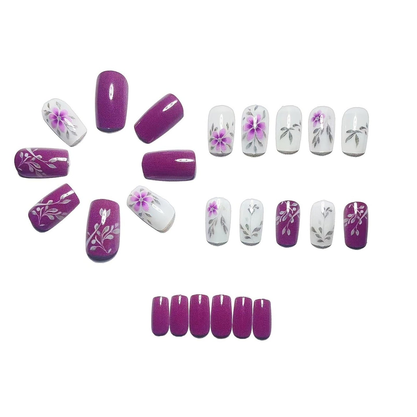 Purple Press on Nails Spring Fake Nails Medium Square False Nails Cute Flower Acrylic Nails with Silver Branch Design Full Cover Glue on Nails Summer Stick on Nails for Women Manicure Decoration 24Pcs