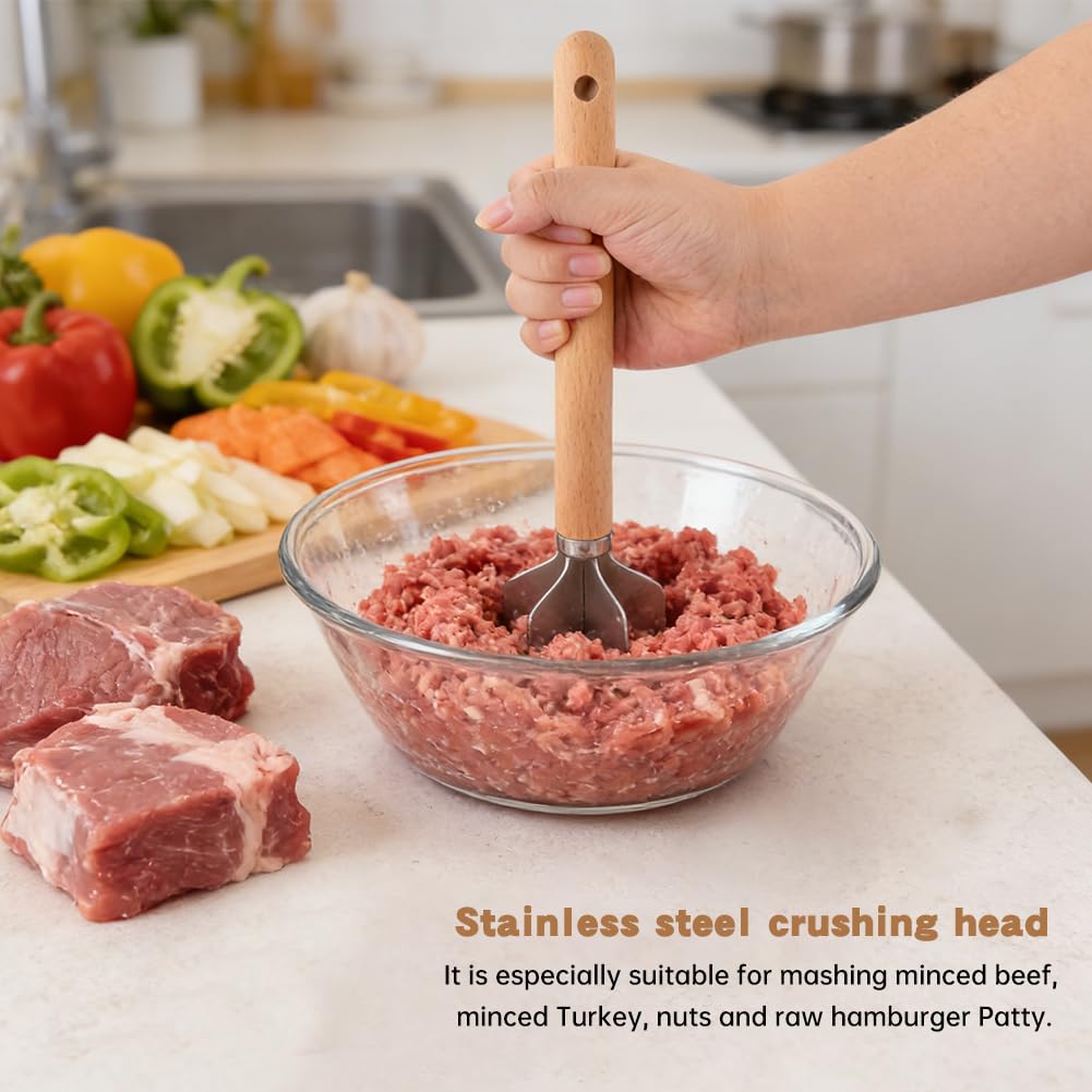 Zorivane Stainless Steel Meat Chopper with Hook, 6 Blades Meat Masher Ground Beef Chopper Tool, 11 inch Hamburger Smasher Potato Masher Meats Pounder Multi-Purpose Kitchen Tool