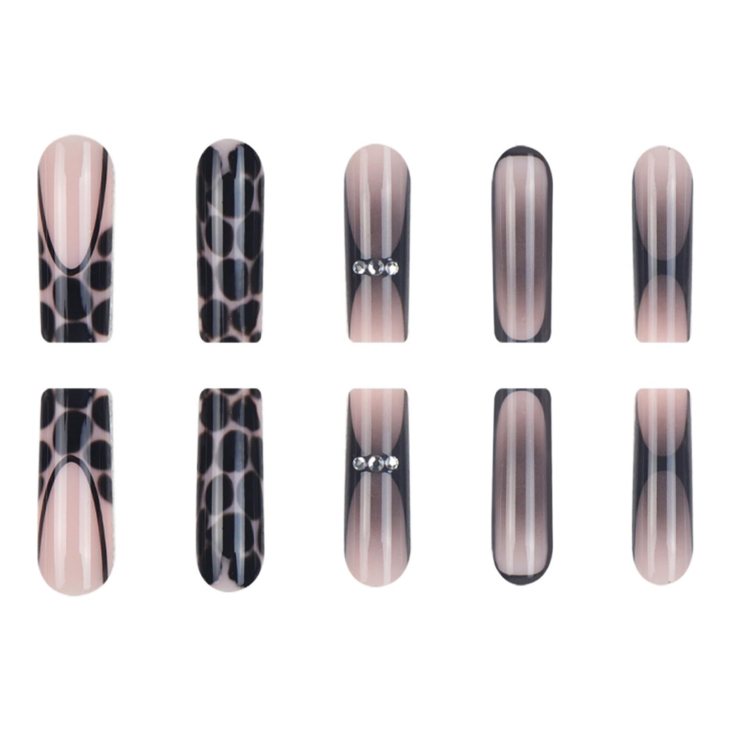 Long Press on Nails Square Fake Nails Black Artificial Nail French Tip Leopard Stick on Nail for Women 24pcs