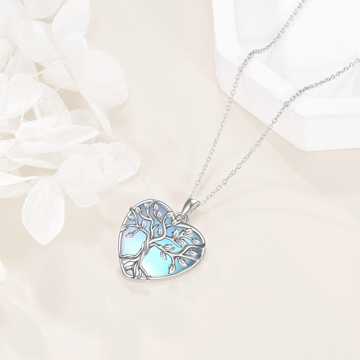 YAFEINI Moonstone Tree of Life Pendant Necklace - 925 Sterling Silver Heart Jewelry for Women