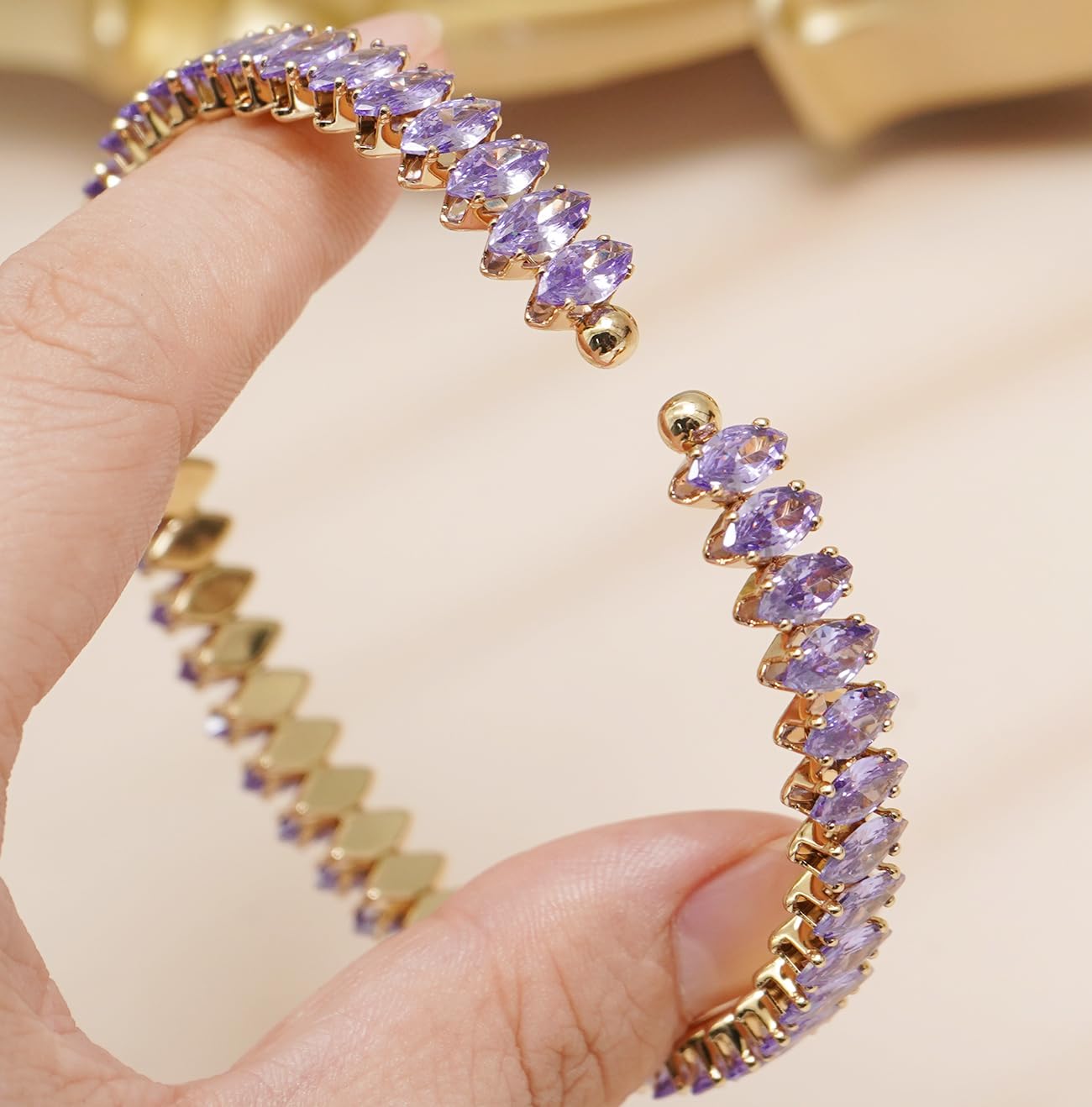 Wovanoo Rhinestone Cuff Bracelet Cubic Zirconia Tennis Bracelets Open Adjustable Elastic Bangle for Women Gold Purple