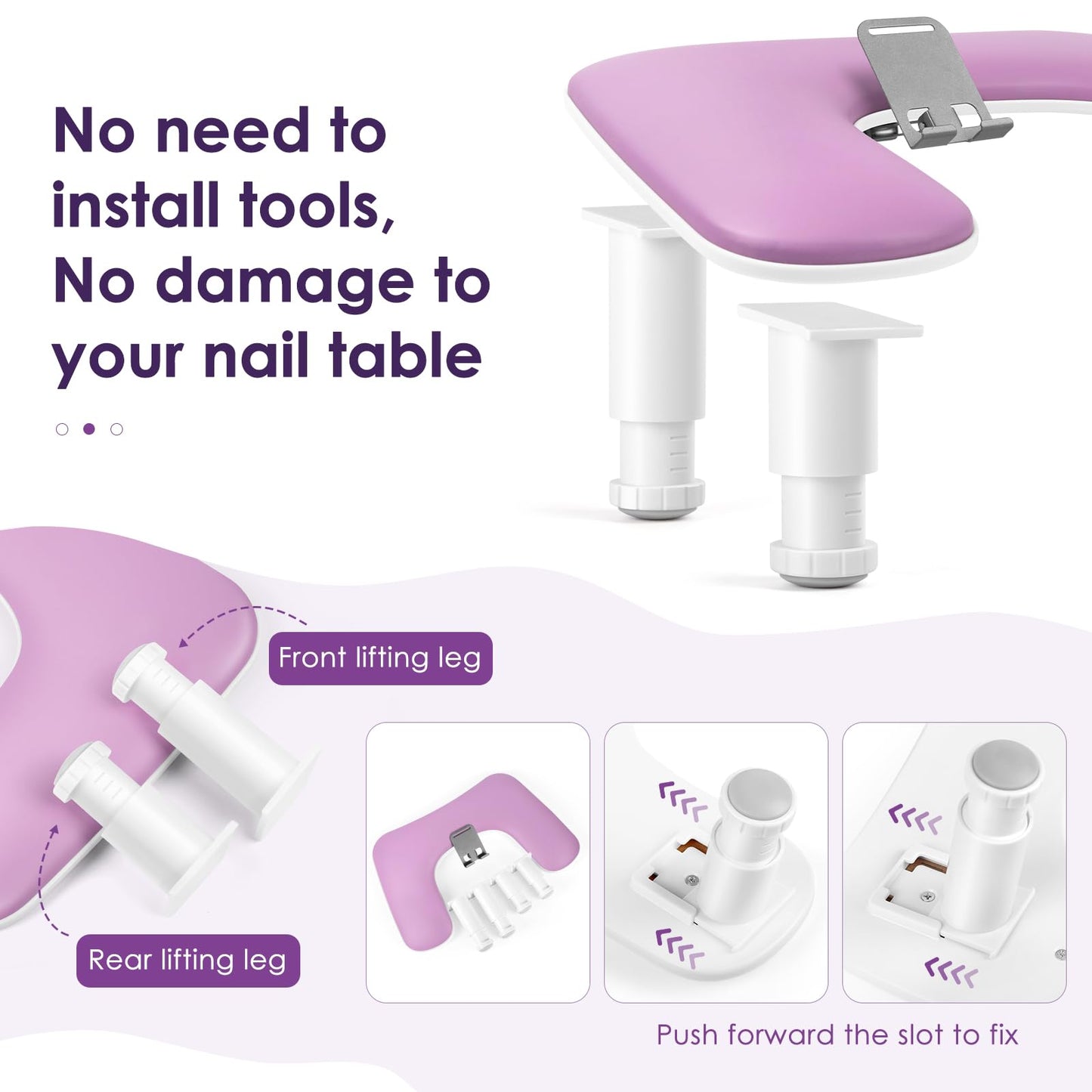 LIONVISON Arm Rest for Nails Tech: U Shaped Adjustable Height Ergonomic Nail Hand Rest Stand PU Leather with Rotating Phone Holder for Nail Salon Manicurist (Puprle)