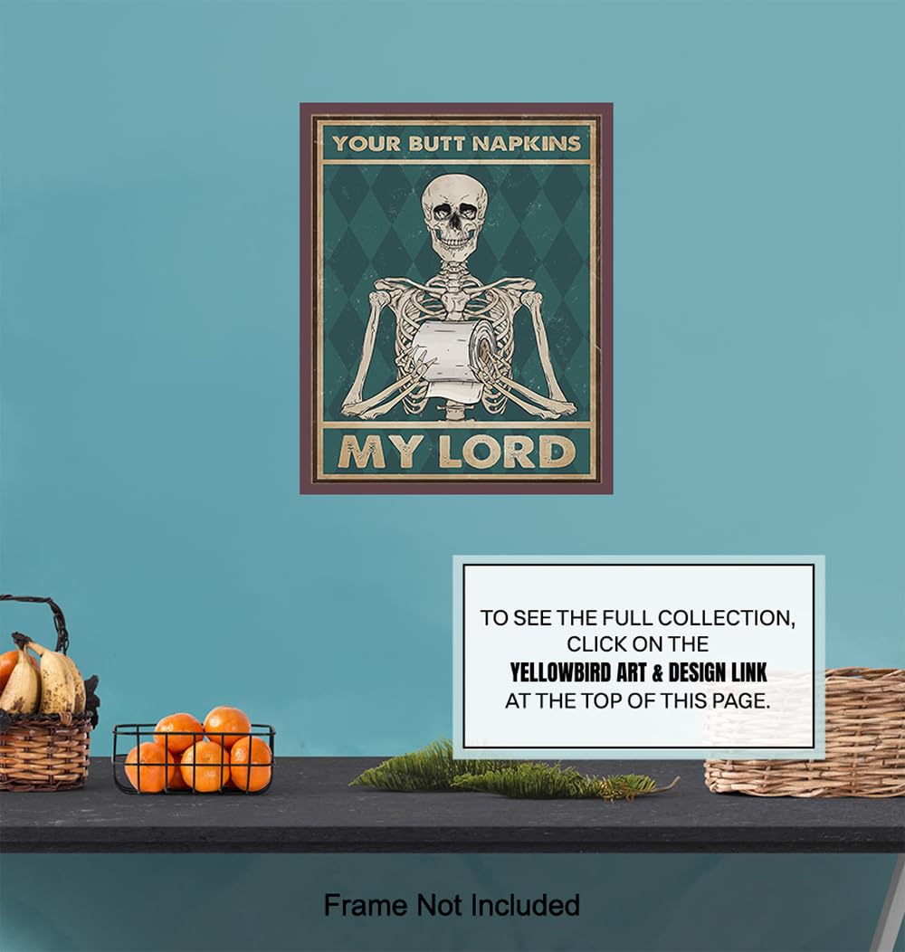 Spooky Bathroom Decor LARGE 11x14 - Skeleton Decoration - Funny Bathroom Wall Art - Your Butt Napkins My Lord - Humorous Bath Decor - Gothic Wall Art - Bath Accessories - Powder room Picture
