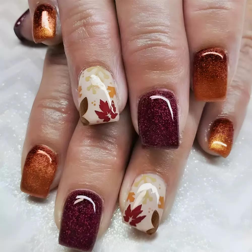 6 Packs (144 Pcs) Fall Press on Nails Medium Square, Almond Press on Nails, with Maple Leaf Design Thanksgiving Day Fake Nails for Women - 12 Sizes, 6Styles