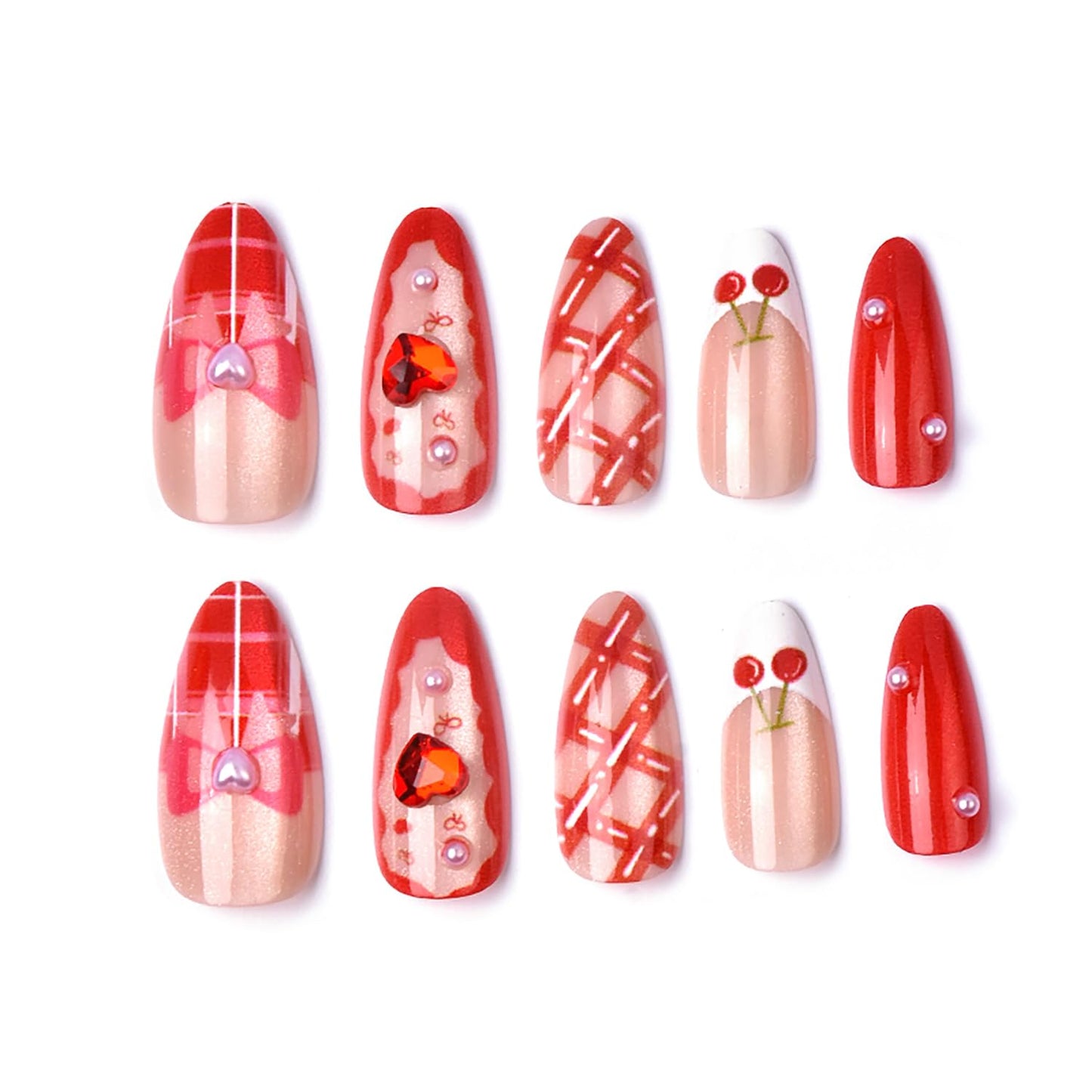 30pcs Valentines Press on Nails Medium Almond French Tip Fake Nails Red Stripe Full Cover False Nails with 3d Heart Rhinestones Designs Glue on Nails Pink Bow Artificial Stick on Nail Supply for Women